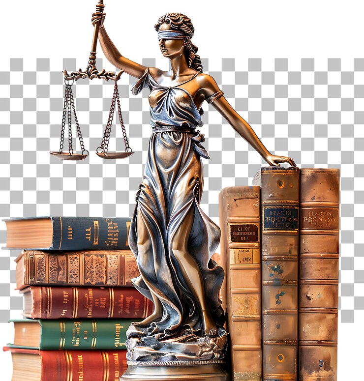 PSD gerechtigkeitsgöttin-statue mit gesetzesbüchern auf der rückseite gegen einen isolierten transparenten hintergrund