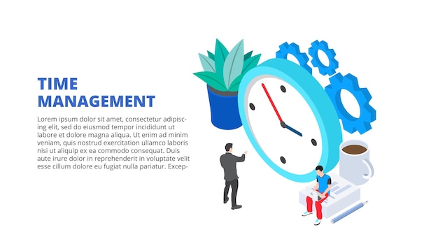 Gerenciamento de tempo com relógio e engrenagens Ilustração isométrica