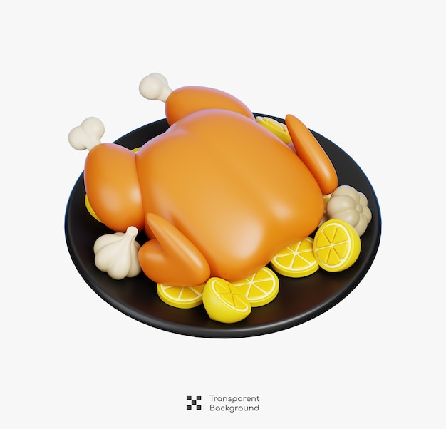 Gerösteter Weihnachts Truthahn mit Knoblauch- und Zitronenscheiben isoliert Gourmet-Lebensmittel-Ikonen 3D-Rendering