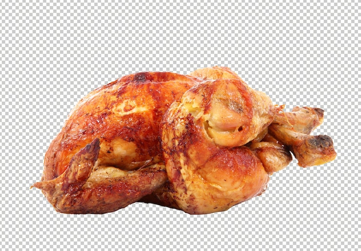 Geröstetes Hühnchen geht und wirft einen Schatten auf, wobei Flügel ausgebreitet sind.