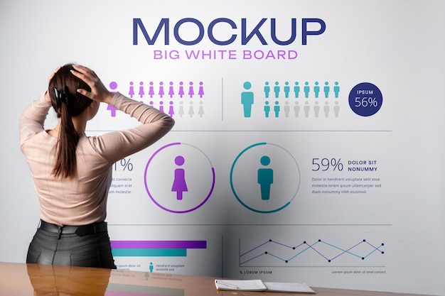 Geschäftsfrau präsentiert statistiken auf whiteboard im büro
