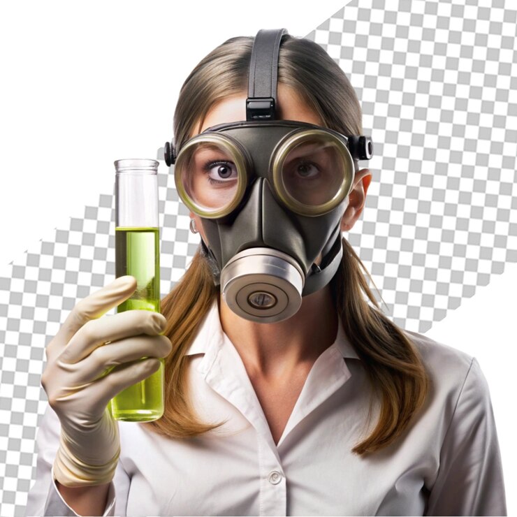 PSD geschäftsfrau trägt eine gasmaske im büro, um sich vor einer giftigen unternehmenskultur zu schützen