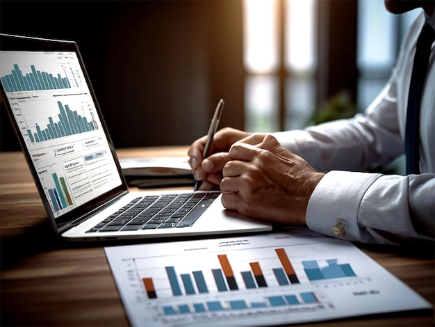 PSD geschäftsmann analysiert unternehmensressourcenplanung erp geschäftsdatendiagramm mit erp-software