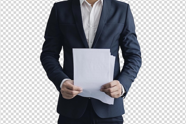 Geschäftsmann hält Papier auf weißem, isoliertem Hintergrund