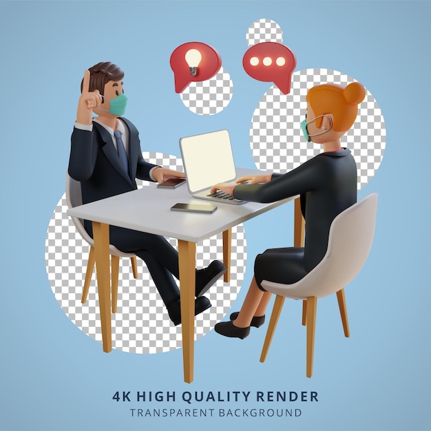 Geschäftsmann und Frauen, die eine Diskussion führen und Masken Charakter 3D-Charakterillustration tragen