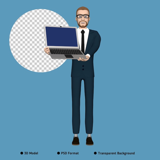 Geschäftsmanncharakter, der Bild der Laptopillustration 3D hält