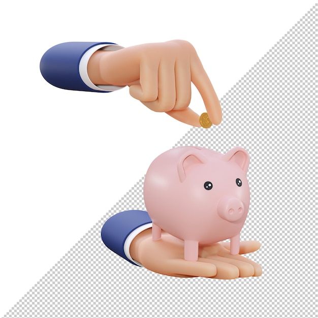 Geschäftsmannhand, die rosa Sparschwein und Münze hält Business Saving Finance Concept 3D-Illustrationsrendering Hat einen Beschneidungspfad für eine einfache Verwendung