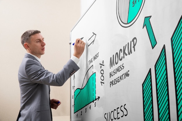 Geschäftsperson, die sich in einer Besprechung auf einem großen Whiteboard-Modell vorstellt