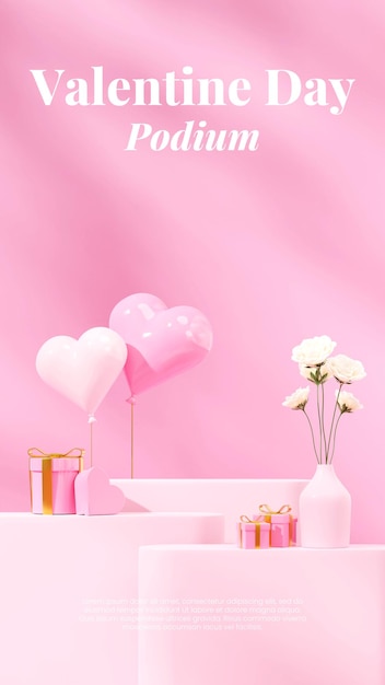Geschenkbox, Liebesballon und weiße Rose 3D-Bild rendern Leerzeichen hellrosa Podium im Hochformat