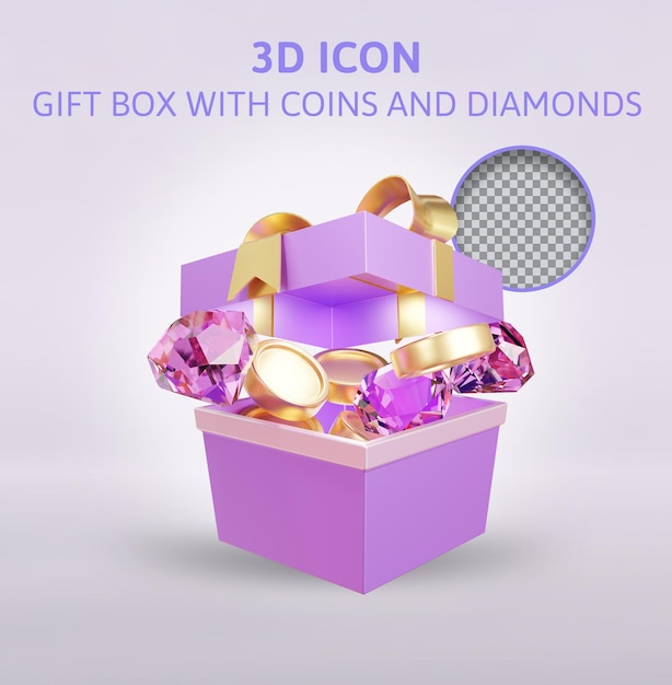 Geschenkbox mit münze und diamant 3d-rendering-illustration