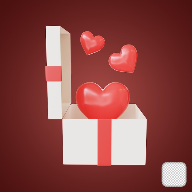 Geschenkbox offen und drei rote Herzen 3D-Illustration