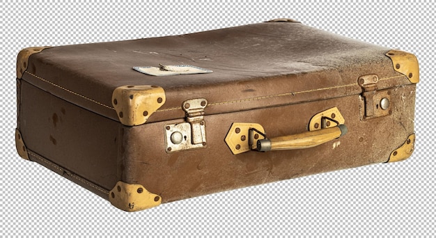 Geschlossener Vintage-Koffer mit Kratzern, Staub und gelben Ecken, isoliert auf durchsichtigem Hintergrund