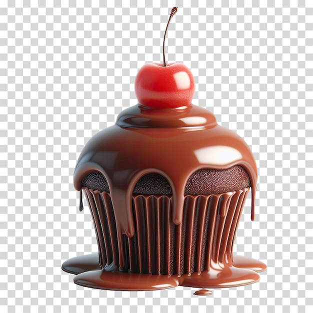 Geschmolzener schokoladen-cupcake mit einer kirsche auf transparentem hintergrund