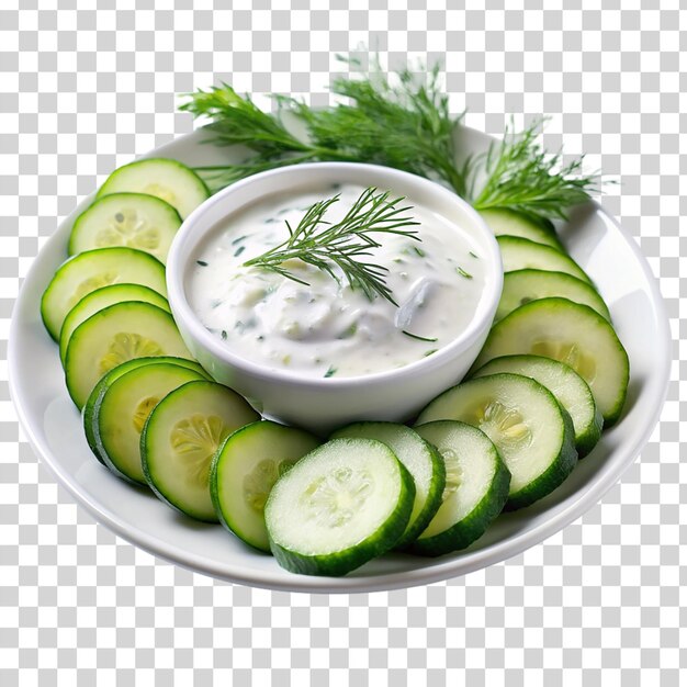 PSD geschnittene gurken mit tzatziki-sauce auf durchsichtigem hintergrund