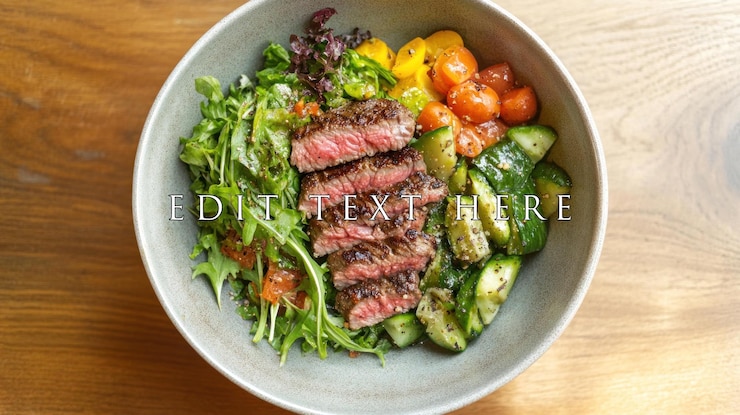 PSD geschnittenes steak mit gemischten grünen, gurken und kirschtomaten in einer schüssel
