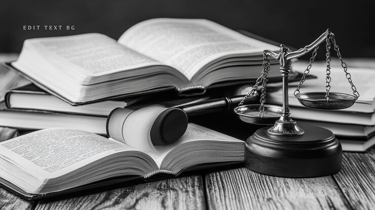 PSD gesetzesbücher hammer und waage der gerechtigkeit auf einem holztisch