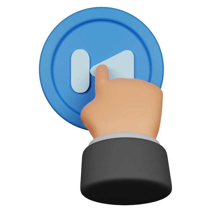 PSD geste de la main 3d appuyant sur le bouton précédent isolé sur un fond transparent