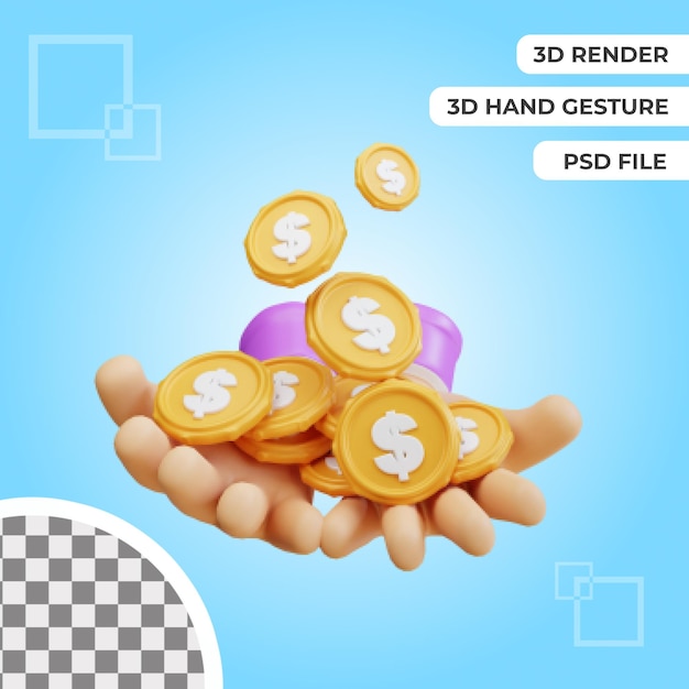 Geste de la main 3d avec rendu d'illustration de pièces d'un dollar isolé