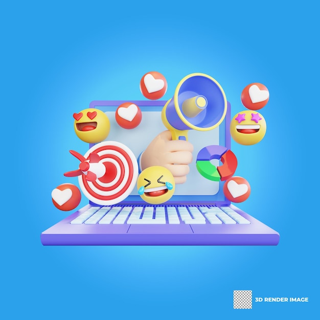 Geste de la main de rendu 3d tenant le concept de marketing numérique mégaphone