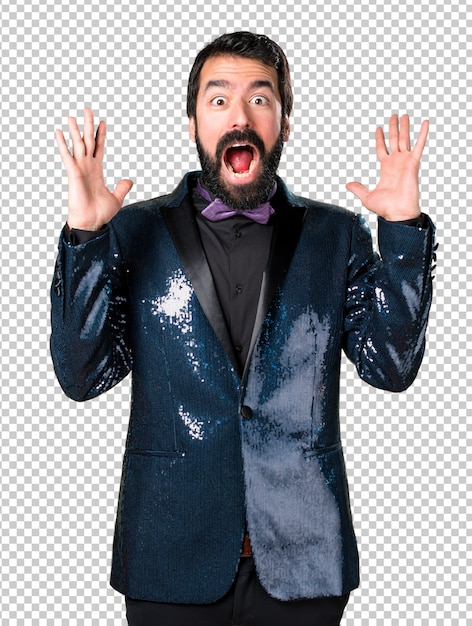 Geste Surprise En Bel Homme Avec Une Veste à Paillettes