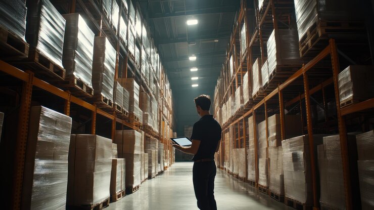 PSD gestione dell'inventario del magazzino un uomo che usa un tablet in un grande magazzino