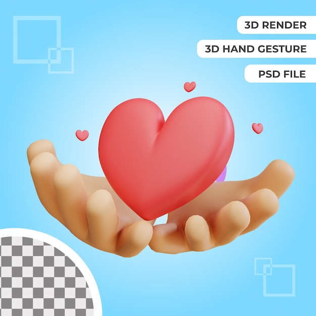 Gesto della mano 3d con il rendering dell'illustrazione di amore isolato