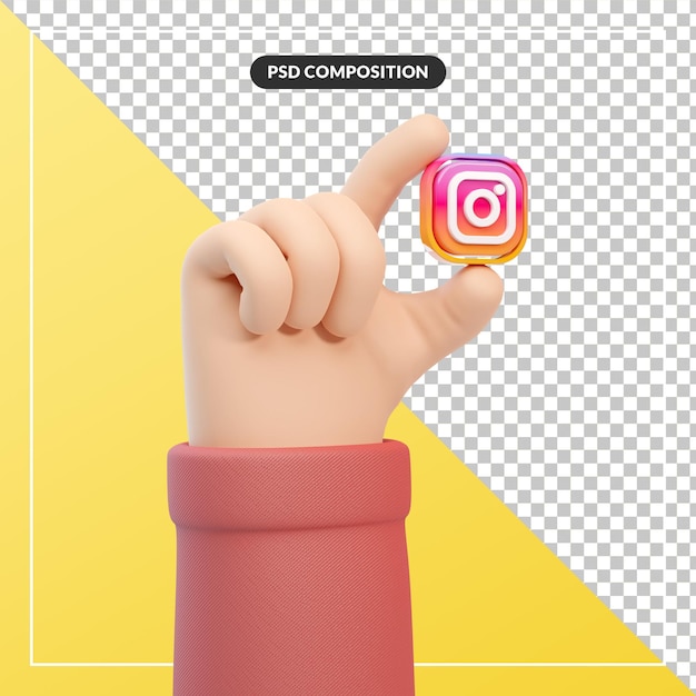 Gesto della mano del fumetto 3d con l'icona del logo di instagram