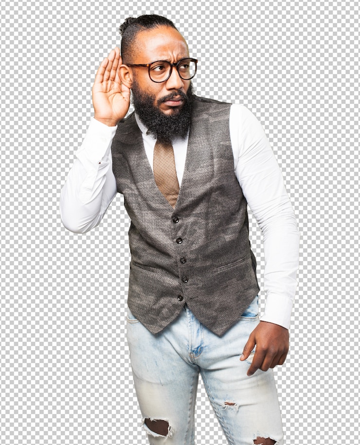 PSD gesto de escucha de hombre negro fresco
