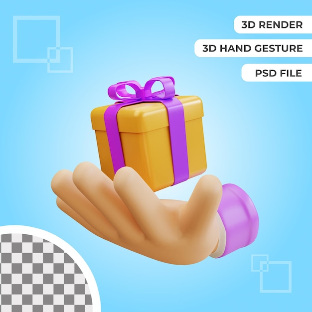 Gesto de mano 3d con representación de ilustración de caja de regalo aislada