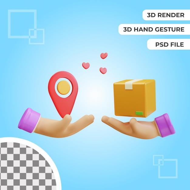 PSD gesto de mano 3d con representación de ilustración de caja y ubicación aislada