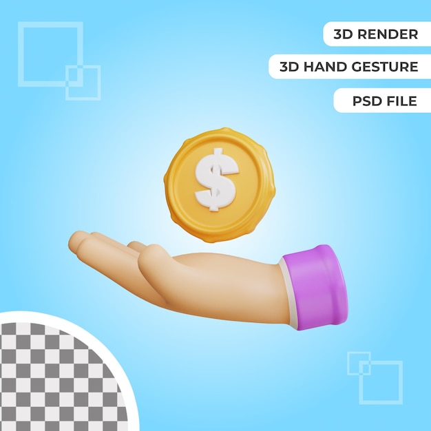 Gesto de mano 3d con representación de ilustración de monedas de dólar aislado