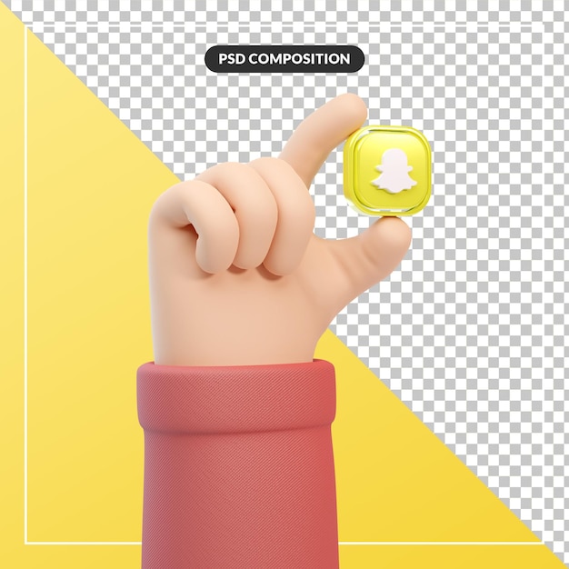 Gesto de la mano de dibujos animados en 3d con el icono del logotipo de snapchat