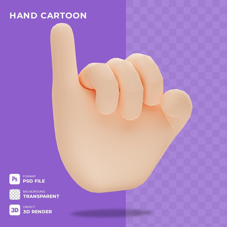 PSD gesto de la mano de dibujos animados del icono 3d que muestra la posición del dedo con fondo transparente