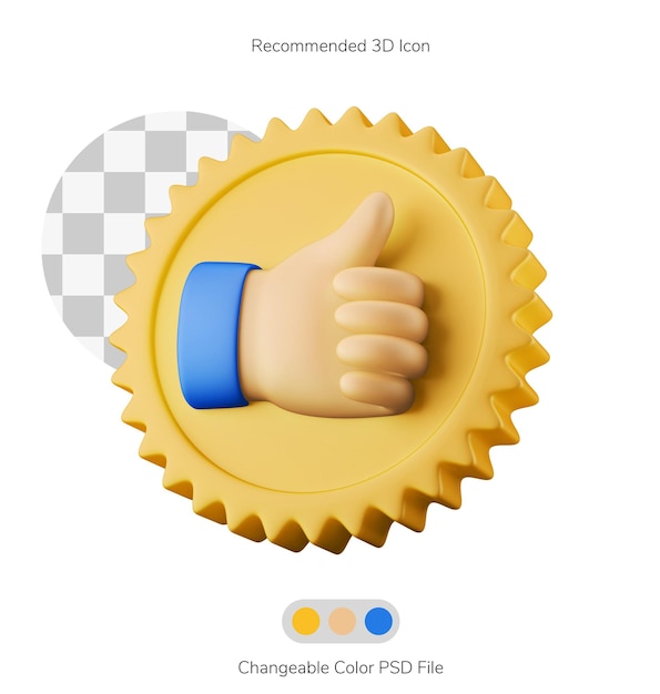Gesto de la mano del pulgar con la medalla símbolo recomendado psd color cambiable ilustración de icono 3D aislado