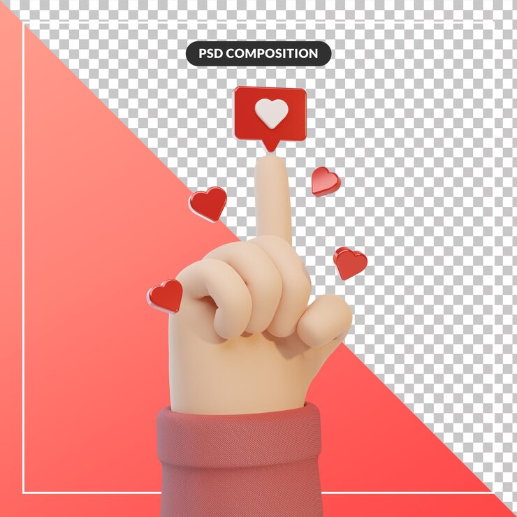 PSD gesto de mano señalador de dibujos animados en 3d con forma de corazones rojos