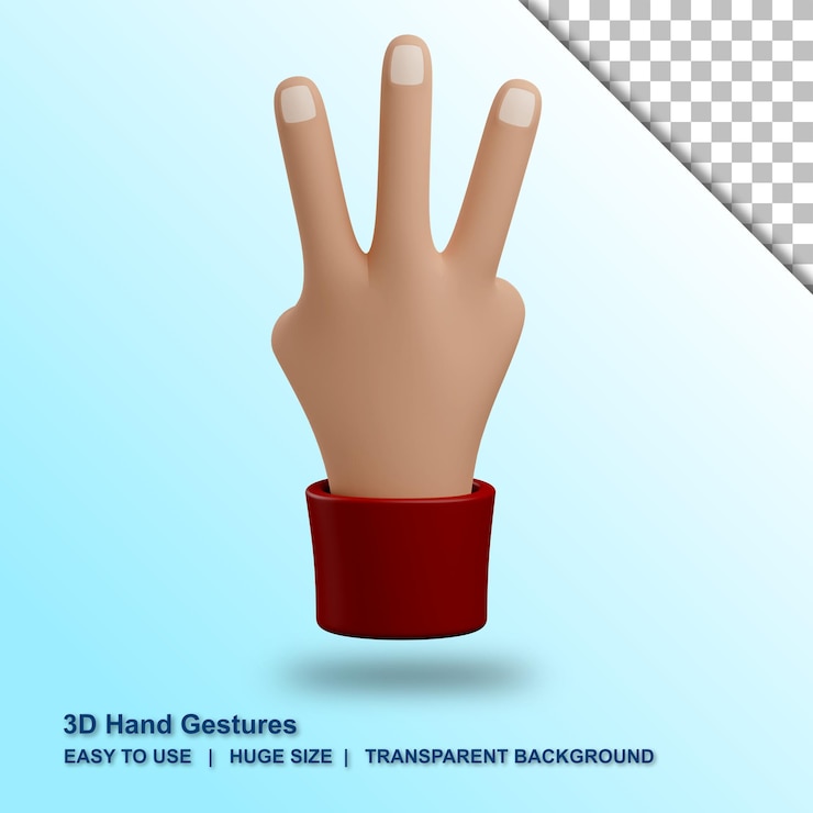 PSD gesto de mano de tres dedos 3d con fondo aislado