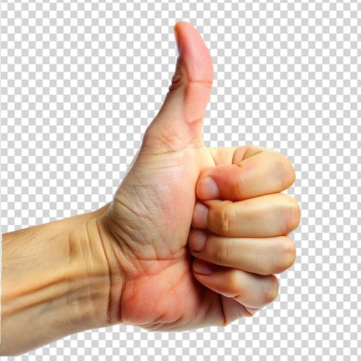 PSD gesto realista de la mano que muestra el pulgar hacia arriba aislado sobre un fondo transparente