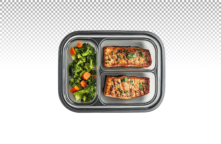 PSD gesunde mahlzeitvorbereitung gegrillter lachs mit brokkoli und karotten in einem glasmahlzeitvorbereitungsbehälter