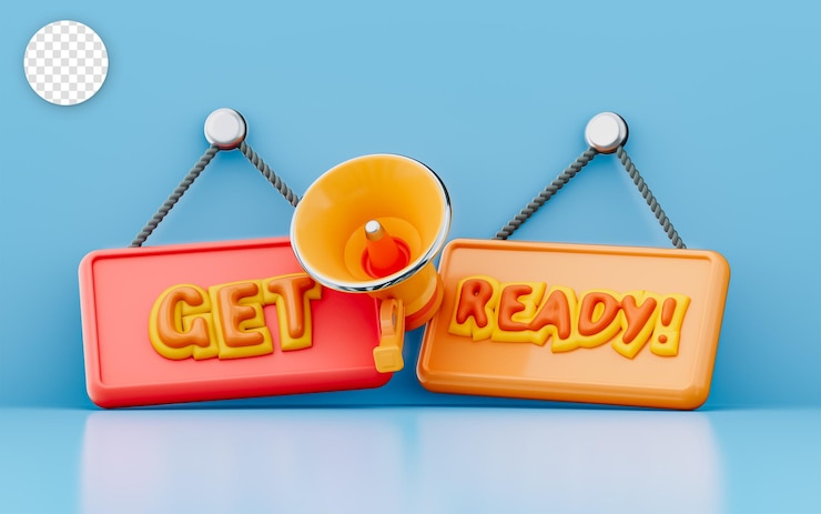 PSD get ready hanging signboard with mega phone 3d render concept for preprayer in challenge