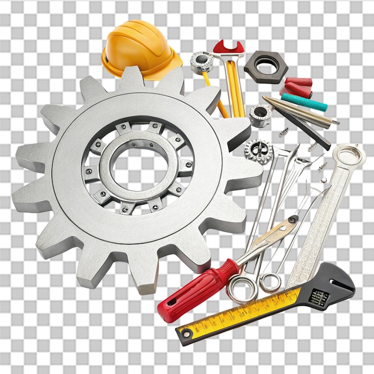 PSD getriebe rad teamarbeit maschinenbau werkzeuge konstruktion 3d-symbol isoliert auf transparentem hintergrund