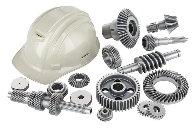 Getriebe und Zahnräder mit durchsichtigem Hardhat Industrie- und Ingenieurkonzept 3D-Rendering isoliert auf durchsichtigem Hintergrund