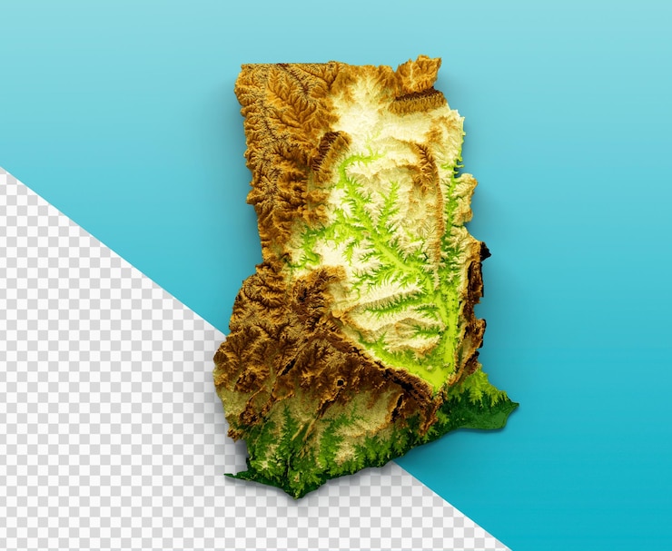 PSD ghana map shaded relief color height map on the sea blue background 3d illustration