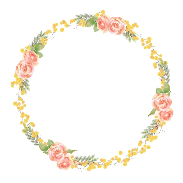 Ghirlanda di acquerelli floreali con rose e mimosa