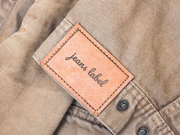 giacca di jeans marrone con mockup di etichetta in pelle