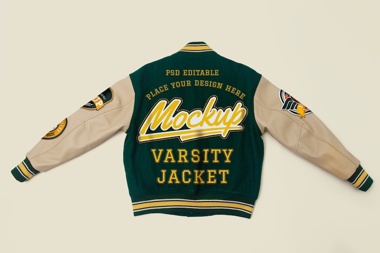 PSD giacca varsity flat lay con dettagli cool