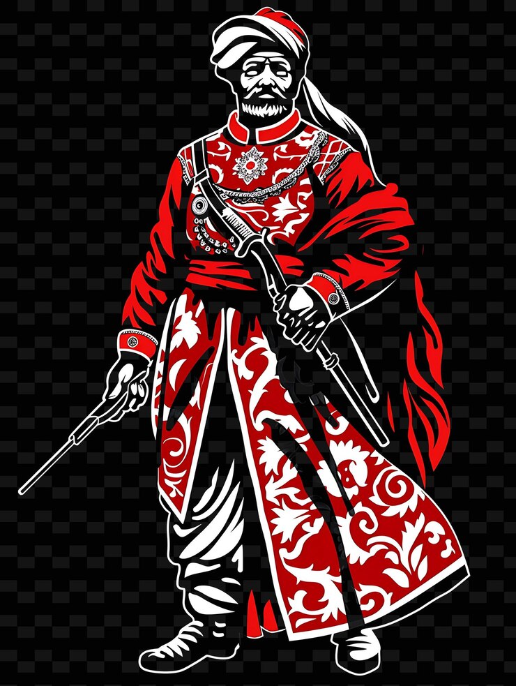 PSD gianizzario ottomano con uno yatagan in piedi in una cerimonia po flat illustrazione ritratti di personaggi