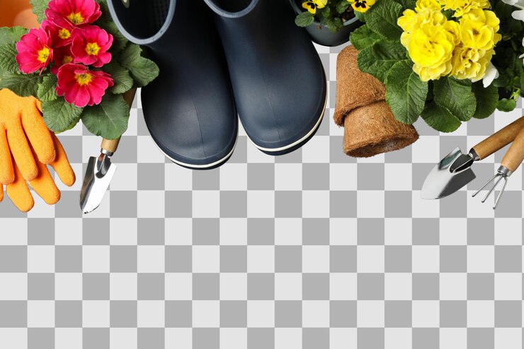 PSD giardinaggio fiori colorati e attrezzi da giardino sono ben disposti attorno a stivali di gomma blu isolati su png bianco