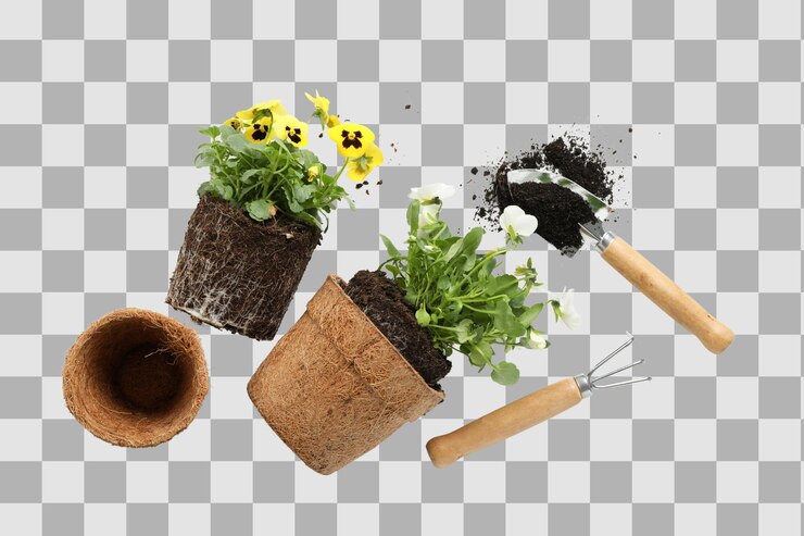 PSD giardinaggio fiori colorati in vaso e attrezzi da giardinaggio sono esposti su uno spazio bianco pulito isolato su png bianco