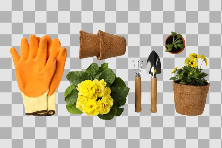 PSD giardinaggio guanti e strumenti di giardinaggio luminosi accanto a fiori gialli in fiore pronti per la piantagione isolati su png bianchi