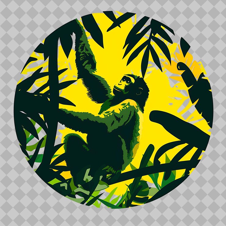 PSD gibbon dentro de una hoja de círculo de silueta adornada con una cercana acuarela png colecciones de vida silvestre